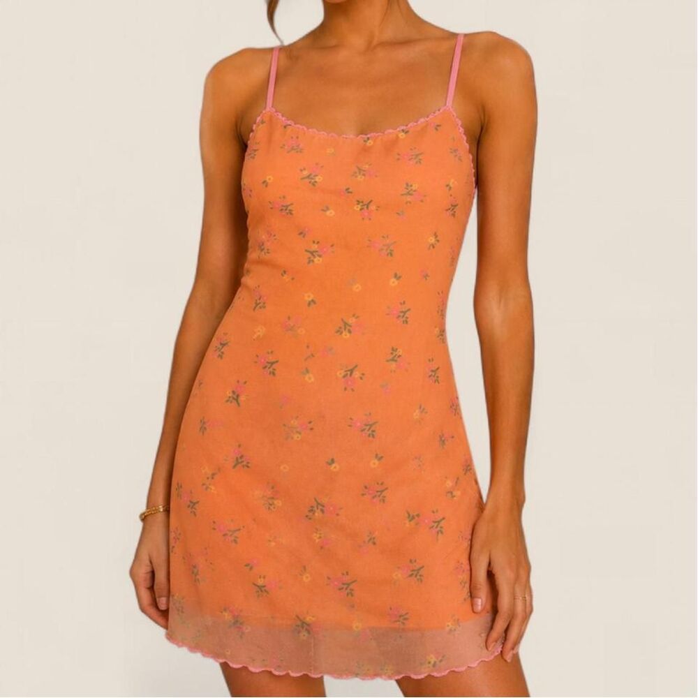 Princess Polly orange colorful micro floral lettuce trim mini dress XS/2